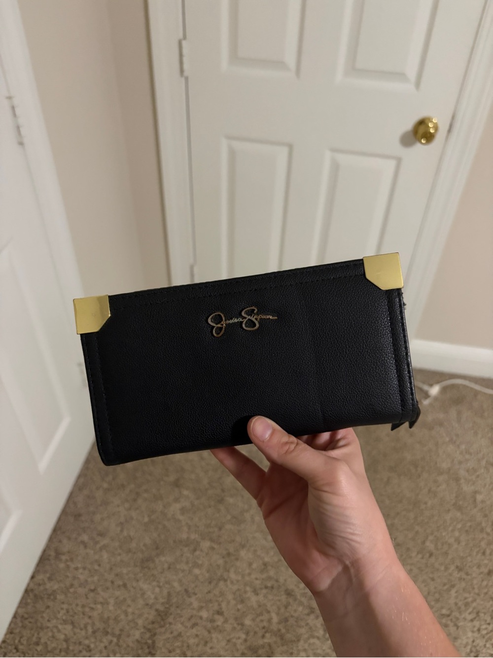 Jessica Simpson Black Wallet with Gold Corner Hardware